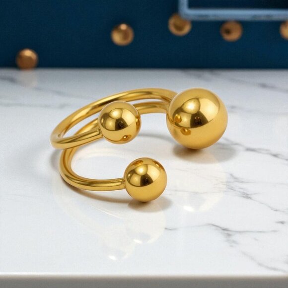 🆕️18K Gold Plated Adjustable Triple Beads Stainless Steel Statement Ring Sz 7 - Picture 1 of 13